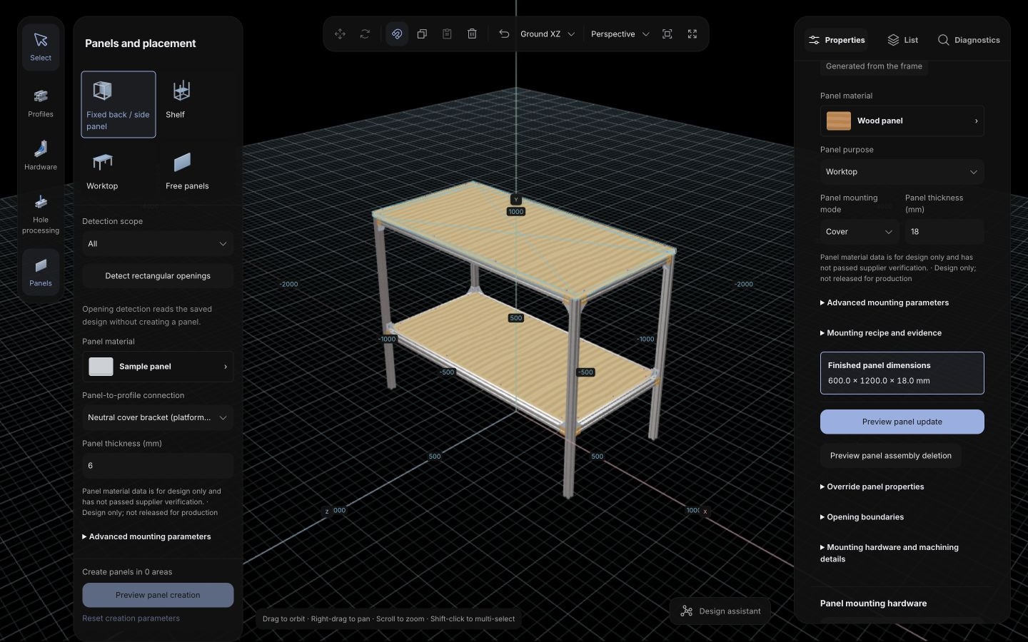 Actual panel properties and tools